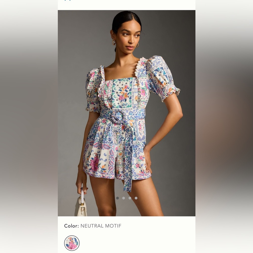 Farm Rio Romantic Bandanas Puff-Sleeve Belted Romper